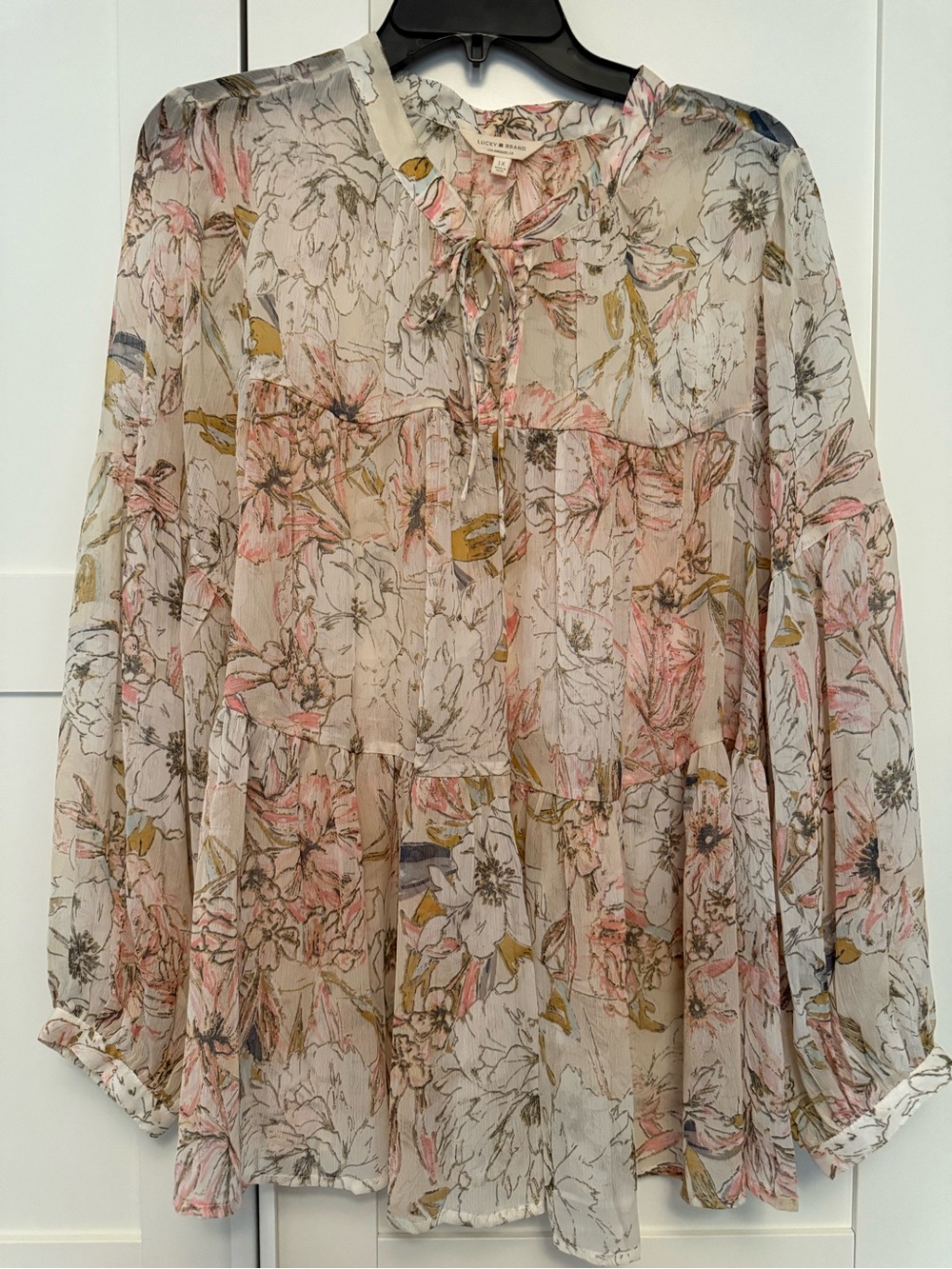 Lucky Brand 🍀 Lightweight Sheer Tiered Floral Peasant Blouse, 1X